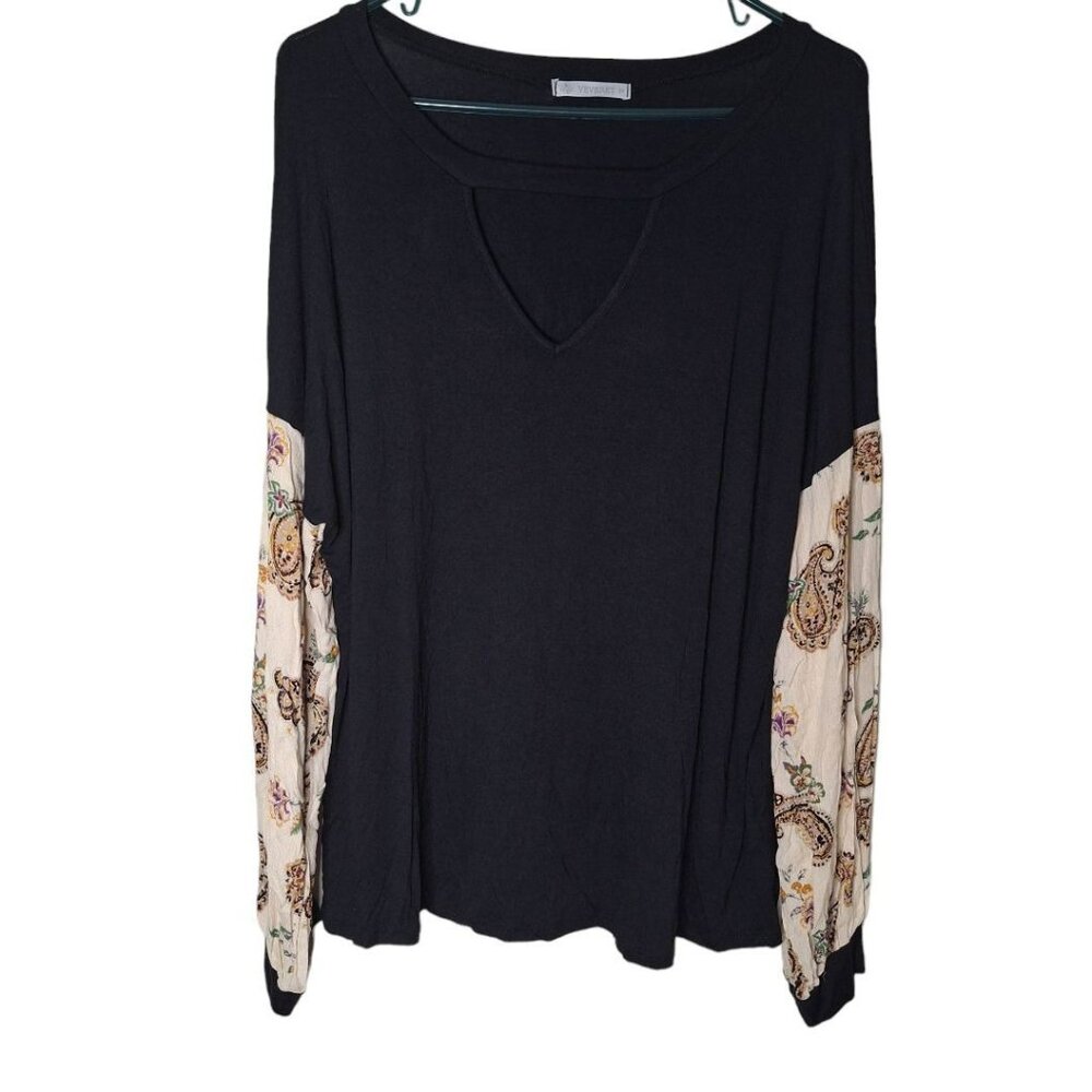 Veveret‎ V Neck Blouse Top Floral Long Sleeves Black Womens Plus Size 3X Flowy